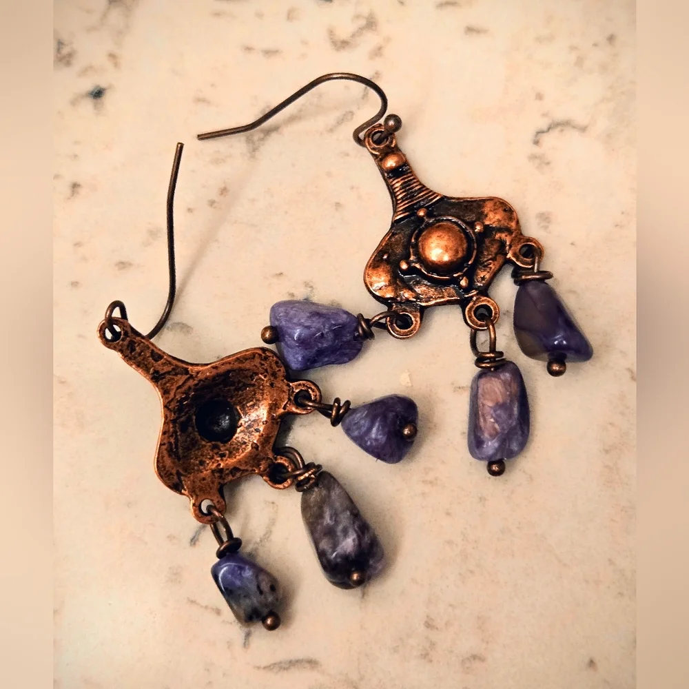 Steppe Warrior's Purple Siberian Charoite In Rugged Antique Copper Earrings - Picture 4 of 8